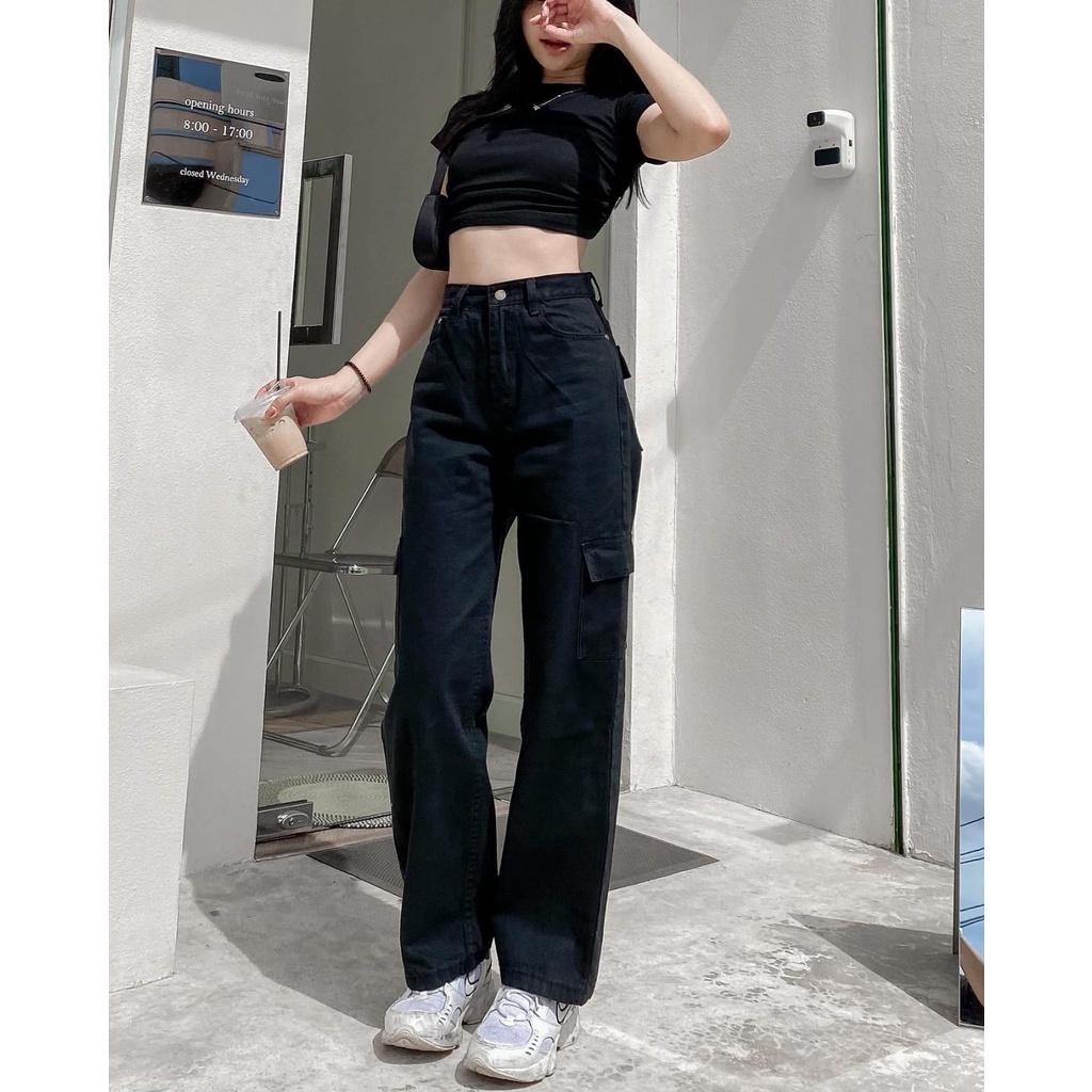 JEANS CEWEK WANITA PANJANG CARGO HIGWAIST KEKINIAN PREMIUM KOREAN STYLE BLACK HITAM GREY ABU ABU