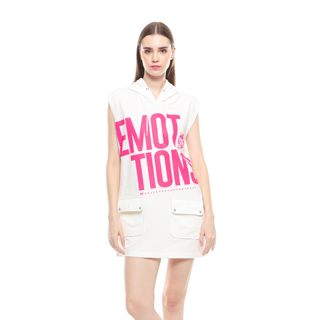 Kuiy Hoodie Dress Saku Cargo Putih Emotion Enough For Today Dress Tanpa Lengan Casual Wanita