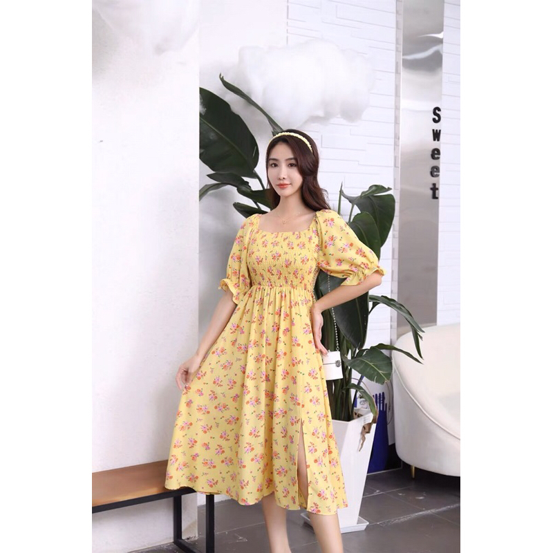 Dress Midi Yellow Floral Dress [ SABRINA/SHOULDER OFF ]