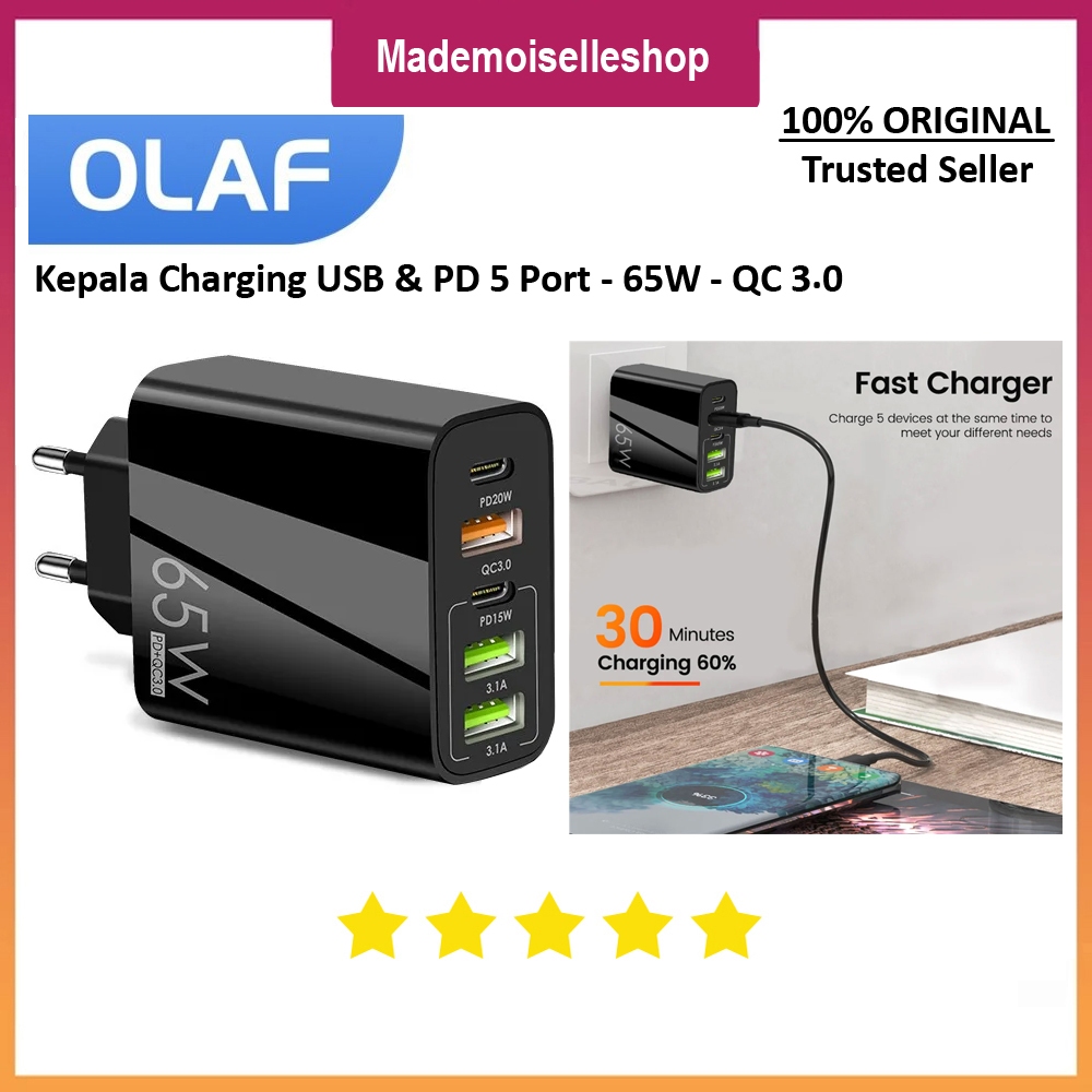 Olaf Kepala Charging Smartphone & Camera Battery USB Quick Charging QC3.0 - 65W - 5 Port - 3 USB + 2