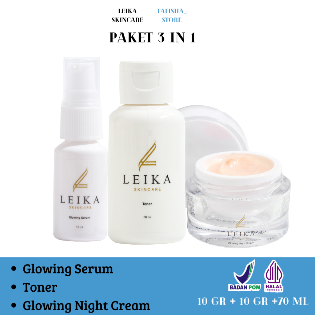 PAKET 3 IN 1 LEIKA SKINCARE TONER GLOWING NIGHT CREAM GLOWING SERUM PENGHILANG FLEK HITAM