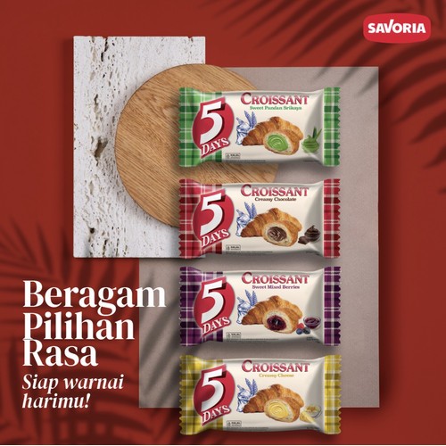 

ECERAN ISI 4 PCS | BISA MIX 2 RASA Croissant 5 Days Savoria | Roti pastry | Cemilan sehat | roti isi selai | kue 5 days | Croissant siap makan