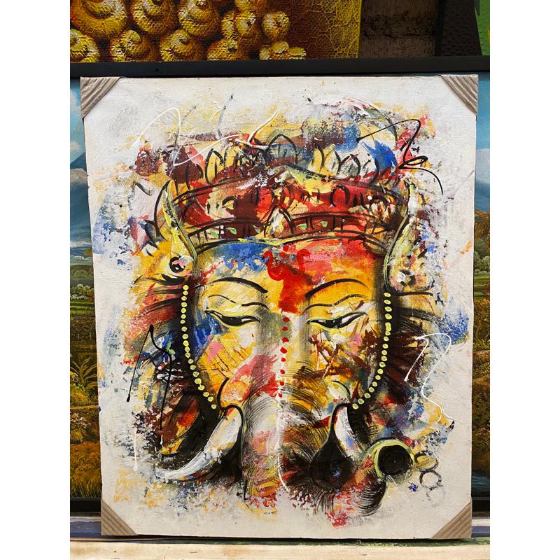 Lukisan Asli Canvas Ganesha Abstrak, Lukisan Bali, Lukisan Buatan tangan