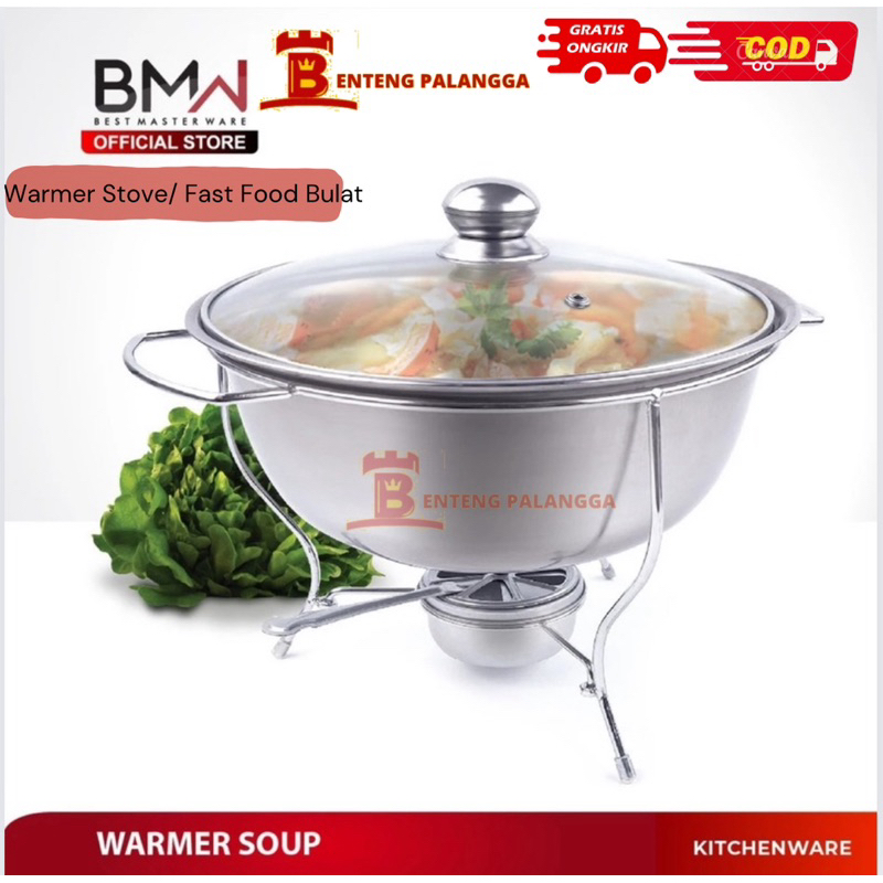Fast Food/ Pemanas Sup Bulat/ Warmer Soup Stainless Steel BMW 28cm Prasmanan Tutup Kaca Tempat Sajia