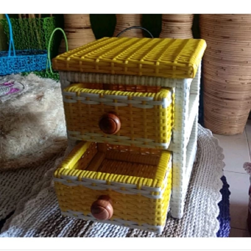 Tempat Kosmetik/Laci Kosmetik Mini Rotan Sintetis  Atas Bawah Isi 2 Laci READY STOCK