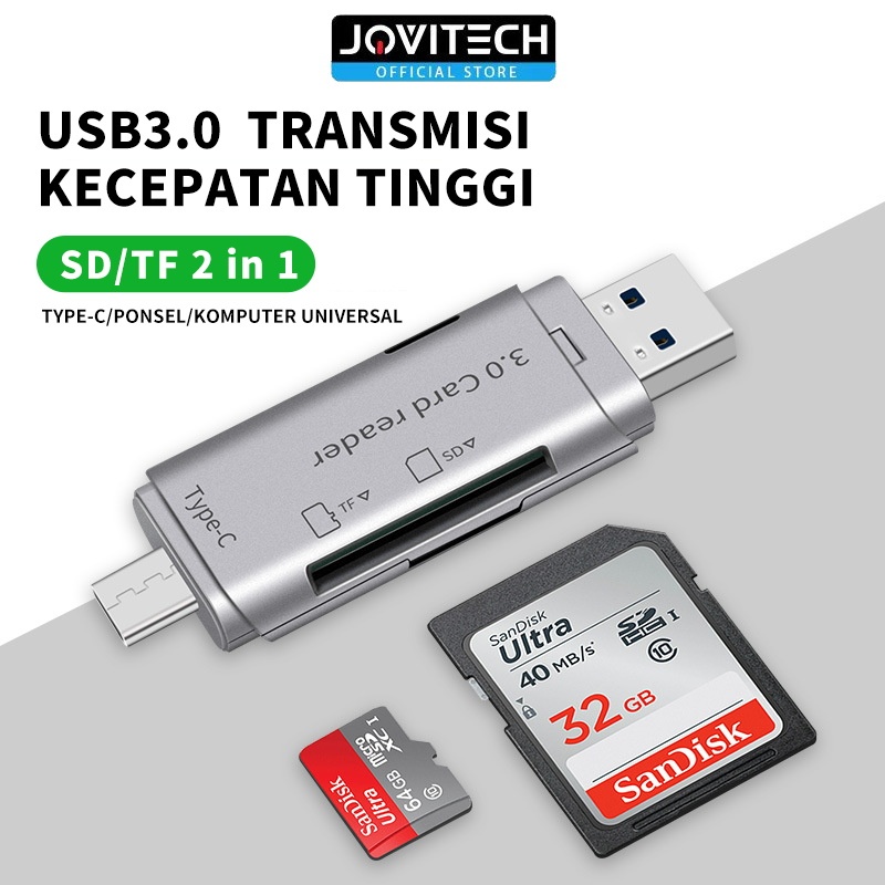 (USB3.0 Fast)Jovitech 4in1 Card Reader High-Speed Smart USB 3.0 Metal Type-C/SD Card/TF Memory OTG A