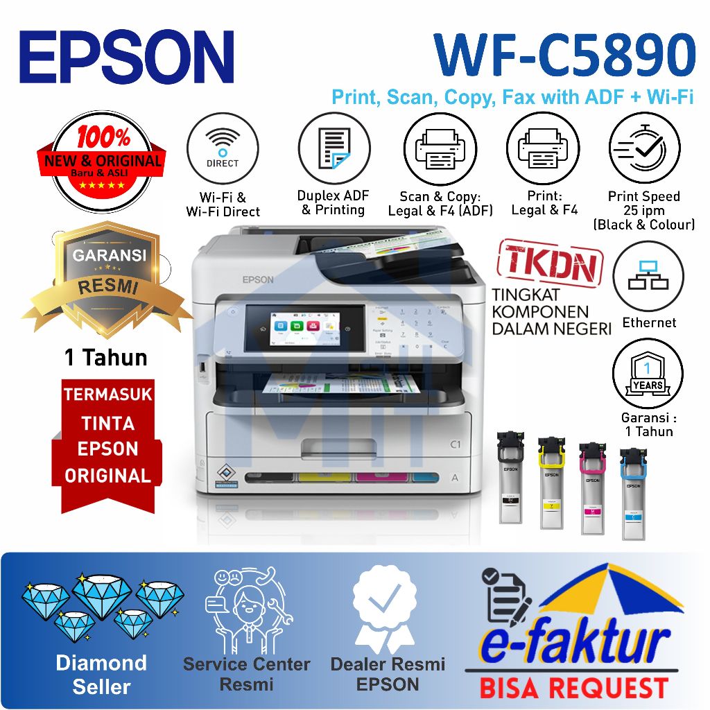 Printer EPSON WF-C5890 WFC5890 C5890 Duplex ADF Wifi LAN Pengganti C5790 Resmi