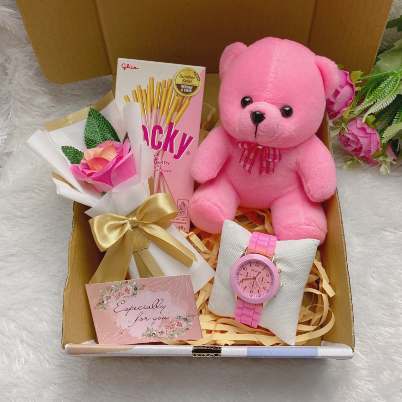 Kado Anniversary Cewek Aesthetic | Hampers Boneka Pink & Jam Tangan | Hadiah Ultah Sahabat