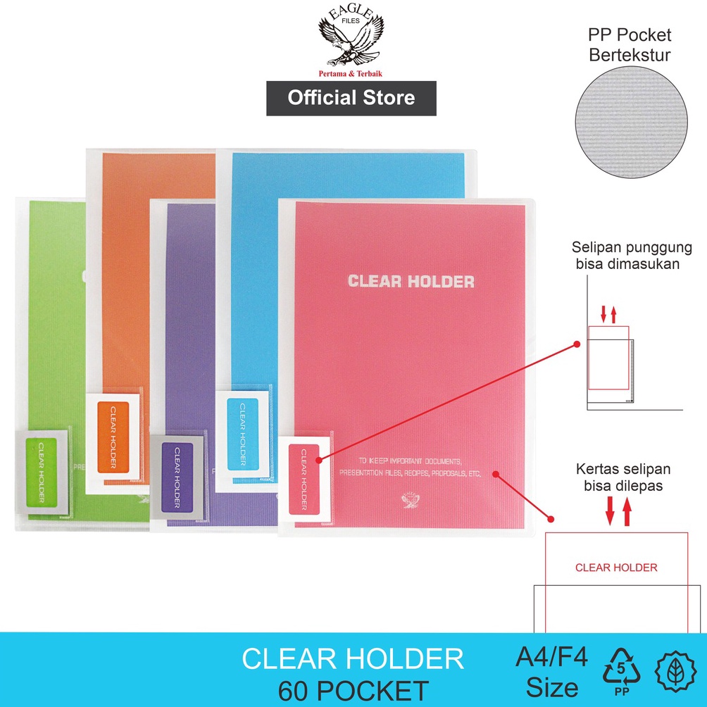 EAGLE Dokumen Keeper Transparan Neon A4F4 6 Pocket  Clear Holder  Display Book  Document Keeper E 32