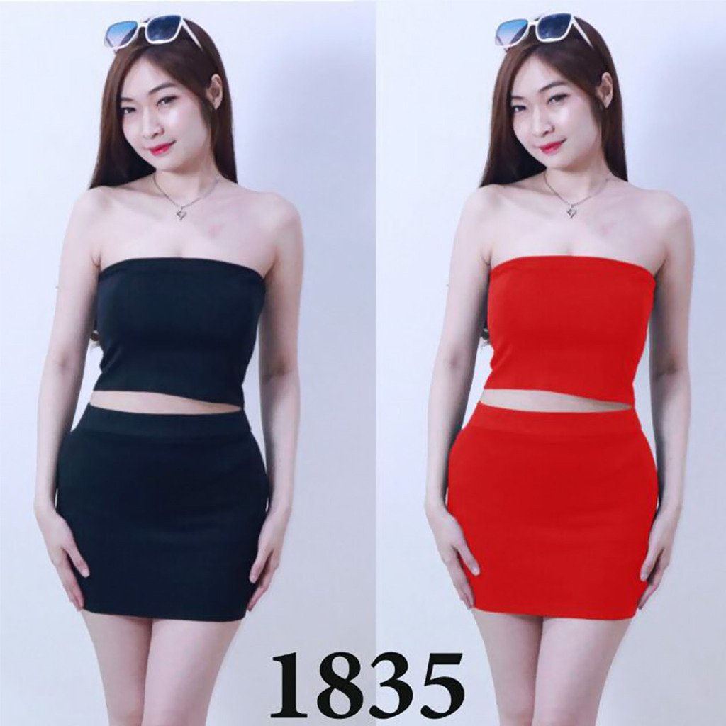 1835 Setelan Rok Simpel Model Atasan Kemben Bawahan Rok Mini - Baju Lc Sexy Karaoke Terbaru