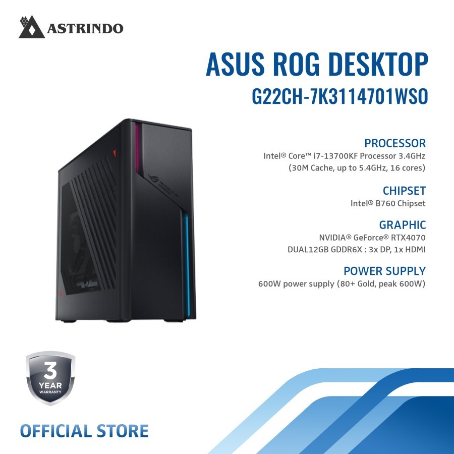 Asus PC ROG Desktop Gaming G22CH Intel Core i7-13700KF 32GB/1TB SSD RTX4070 Win 11