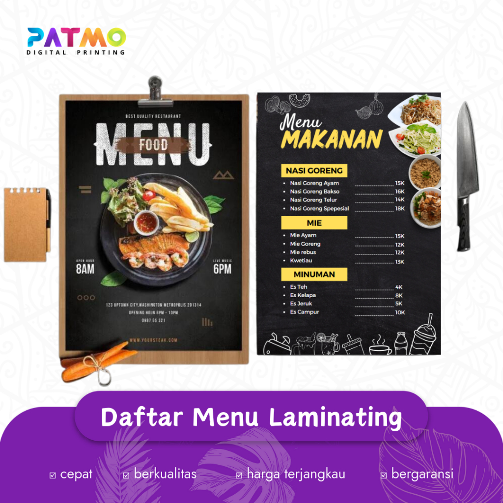

Print Daftar Menu Restoran A4 BELUM TERMASUK DESIGN (+Laminating) Cetak Min order 2 pcs Bisa Custom / Rumah Makan / Warung