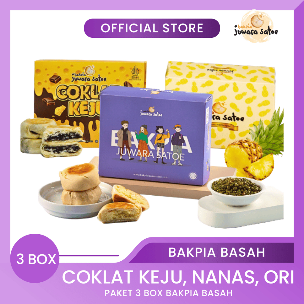 

BAKPIA JUWARA SATOE [ 3 Box ] Paket Bakpia Basah (Coklat Keju, Nanas, Original) - Oleh Oleh Khas Jogja