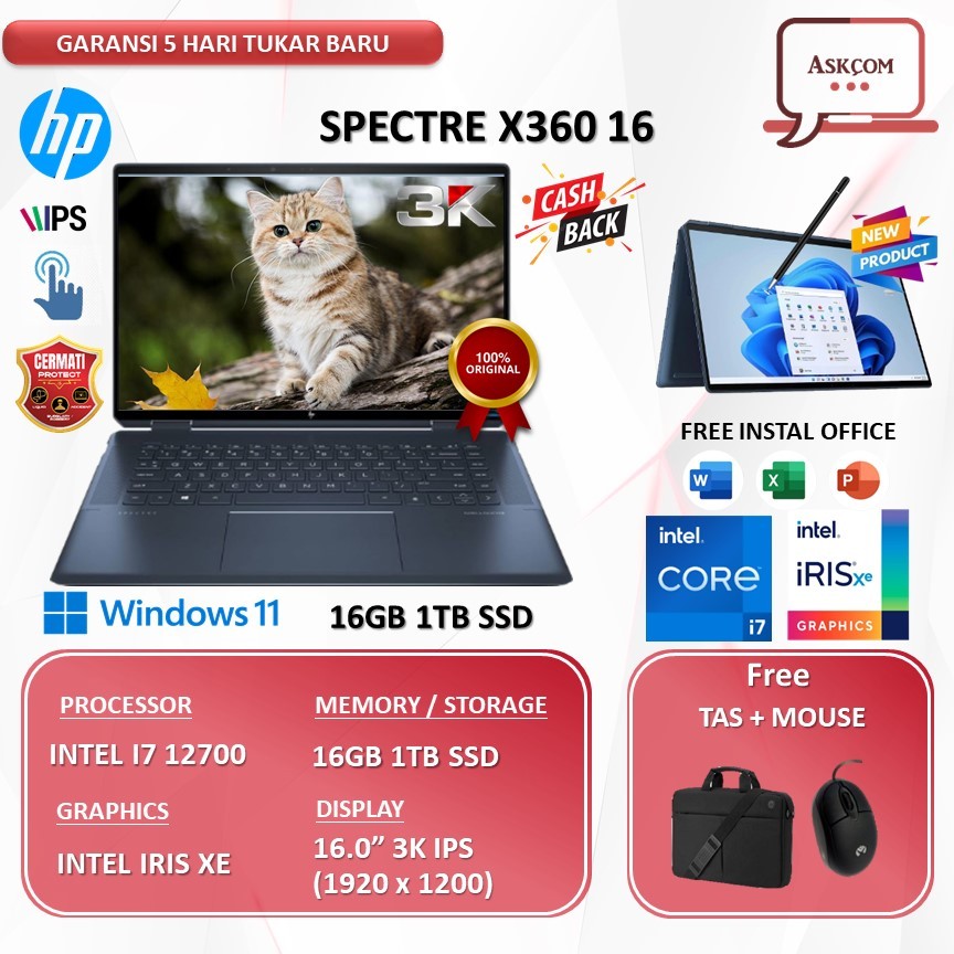 Laptop HP Spectre X360 16 Touch I7 12700 16GB 1TB SSD W11 16.0 IPS