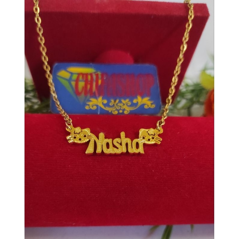 kalung liontin nama titanium hello kitty lapis emas 24k anti karatl