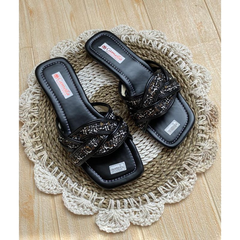 Sandal teplek wanita sandal motip kain kekinian