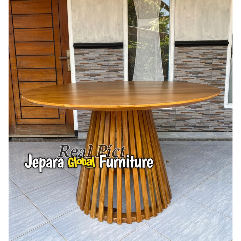 REAL PICT  Meja Makan Jati Retro kaki jati - meja makan bundar jati - meja makan minimalis jati (mej