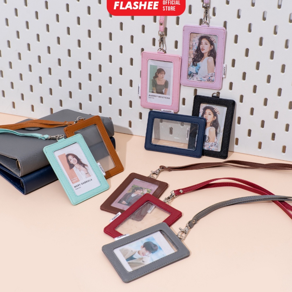 

KODE S48N Flashee ID Card Holder Plastik Name Tag Mika ID Card Leyna Lanyard Kulit Dua Sisi Transparan Termurah PU Leather