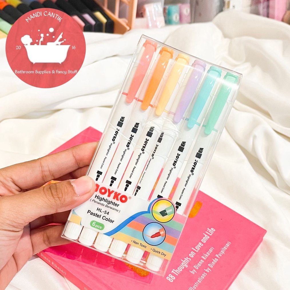 

KODE F26V Joyko Highlighter Pastel set isi 6 pcs HL54 warna warni colorful tosca baby blue pink yellow orange peach penanda tulisan Spidol