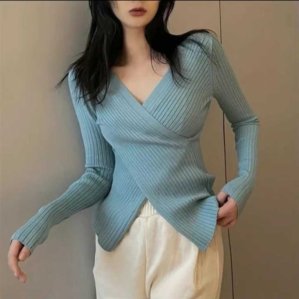BCC-Atasan Wanita V-neck Baju Rajut Selempang Sweater Knit Premium Halus