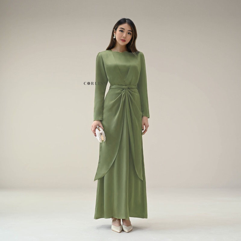 ELEA DRESS OLIVE NEW COLLECTION MATERIAL PREMIUM SATIN SILKY KELILING GRADE A//GAMIS WANITA