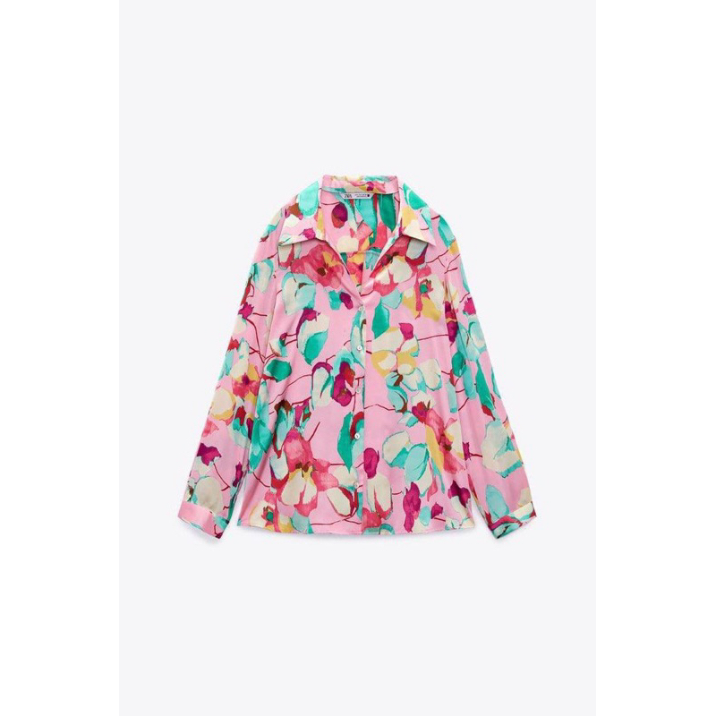 Zara printed floral pink satin shirt