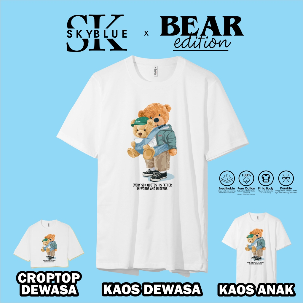 OFFICIAL SKYBLUE kaos baju atasan t shirt TEDDY BEAR FATHER AND SON combed 30s oversize croptop cowo