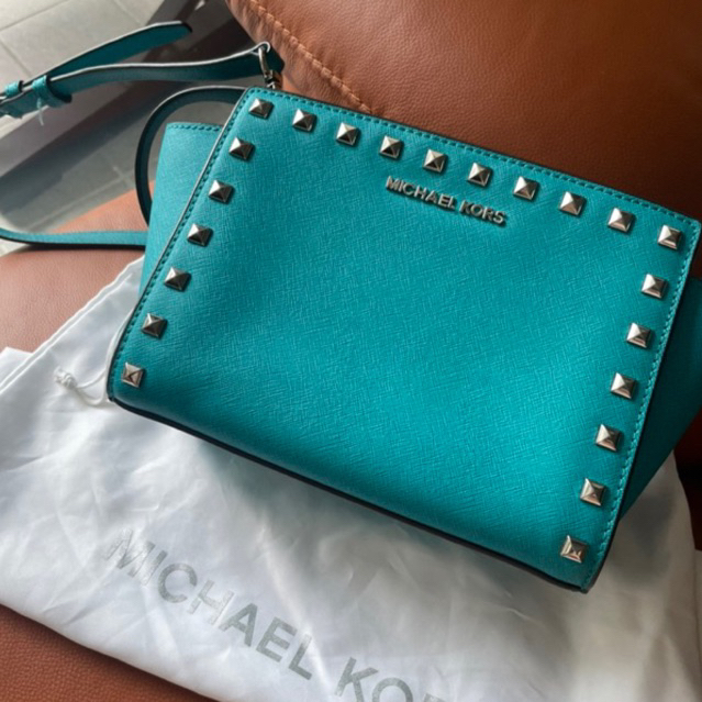 Original Michael Kors Selma Mini Studded Tile Blue Cross Body Bag Tas Slempang Kecil