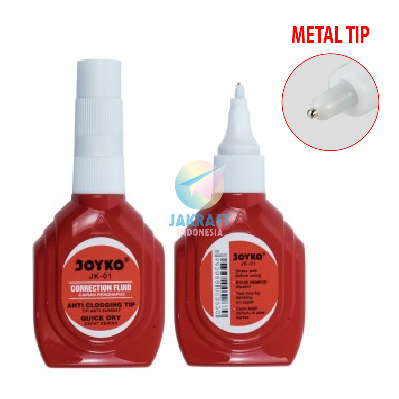 

(1 Pcs) Tipe-X Tipex Tip-Ex Cair Putih JOYKO JK-01 White Correction Fluid Ujung Tip Besi Metal Anti Macet Quick Dry
