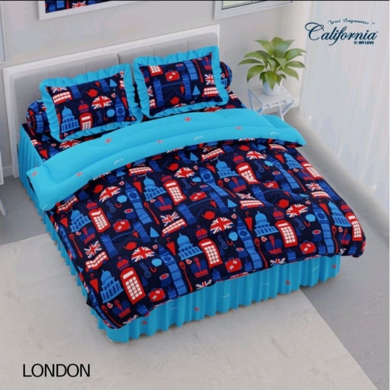 5in1 Full Set Bedcover + Sprei California 3D King Rumbai 180x200 Motif London England Bendera Inggri