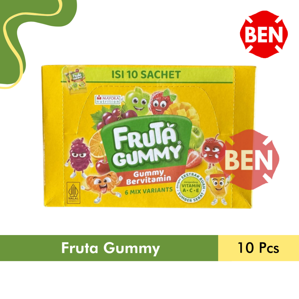 

Fruta Gummy 1 Box 10 Pcs Mayora Gummy Vitamin Buah Jelly Anggur Apel Stroberi Jeruk Mangga Ceri