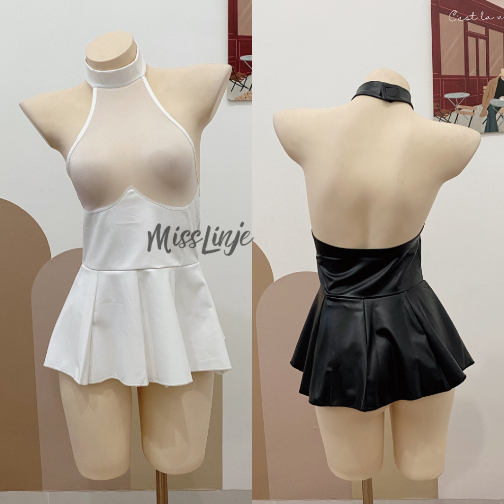 MissLinje Baju Lingerie Sexy Mini Dress Bahan Kulit Halterneck Dada Transparan Hot Seksi