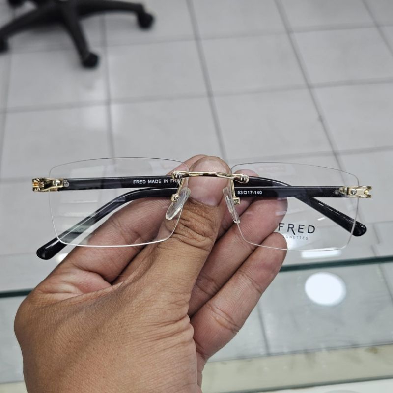 kacamata pria wanita elegan fred frameless black gold grade original