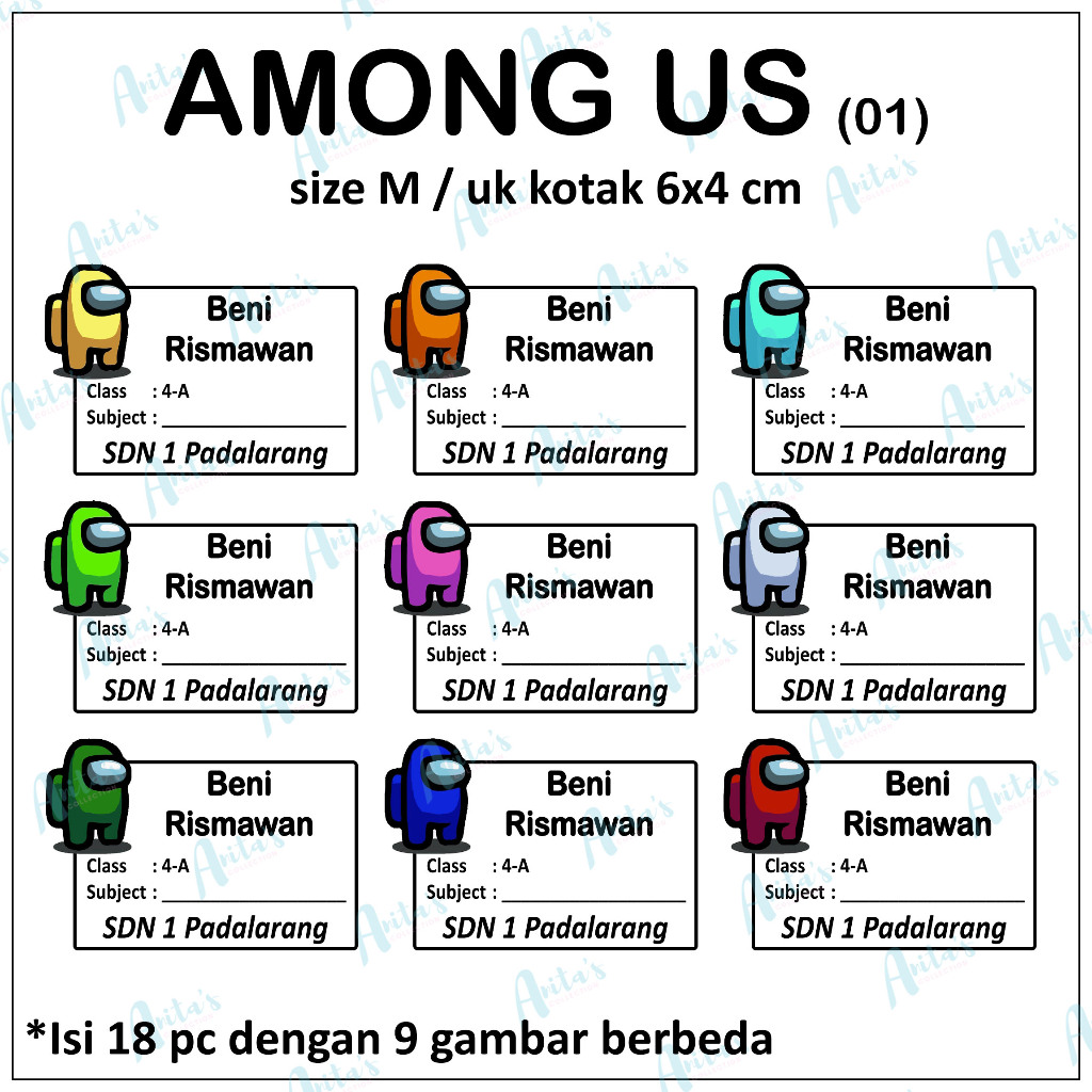 

18pc STIKER NAMA BUKU PELAJARAN ANAK SEKOLAH tema AMONG US 01 | size M / 6x4 cm | CUSTOM