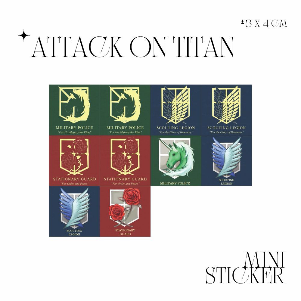 

MINI STIKER ATTACK ON TITAN (ISI : 10 PCS) STICKER CHROMO TRANSPARAN HOLOGRAM JPOP ANIME JAPAN JEPANG PREMIUM MURAH UNOFFICIAL MILITARY POLICE SCOUTING LEGION STATIONARY GUARD READY STOCK !