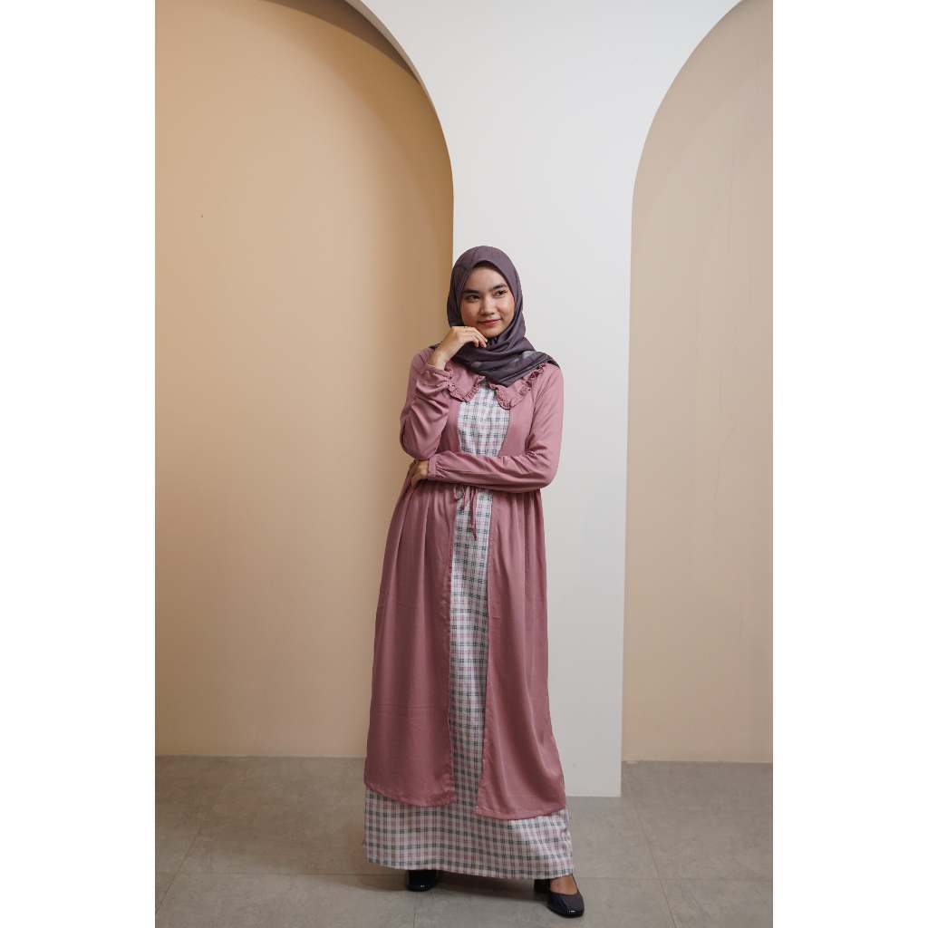Gamis Dress Wanita Missty Freeteen One Set Outer Warna Pink Inner Motif Kotak