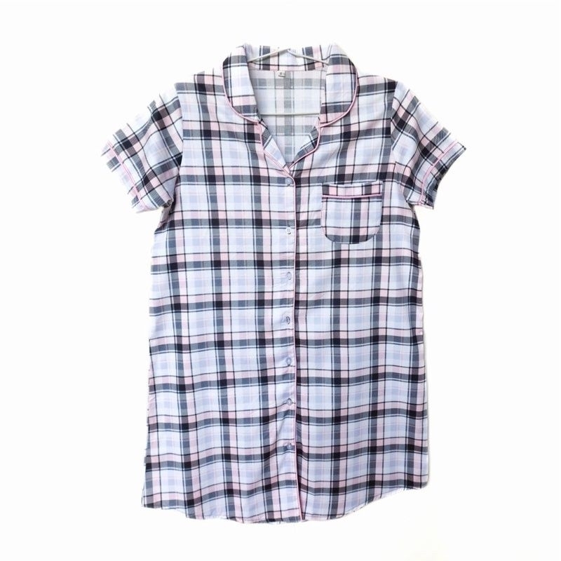 Pink plaid kotak sleepshirt daster katun jepang