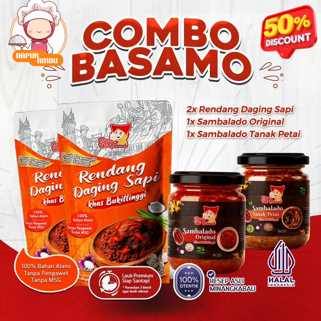 

[Combo Basamo] 2 rendang 1 sambalado ori dan 1 tanak petai | Daging Sapi Asli Khas Bukittinggi | Rendang Daging Sapi Asli Padang Dapur Ambu Kemasan Siap Saji | PAKET HEMAT Rendang sapi foodenna dapat 2 pcs @200 gr 1 sambalado ori dan 1 tanak petai