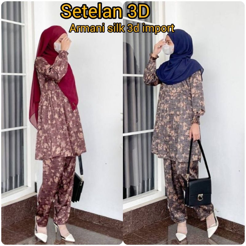 SETELAN 3D sekararum fashion | Navy M | setelan armani silk import / setelan muslimah sopan / sekara