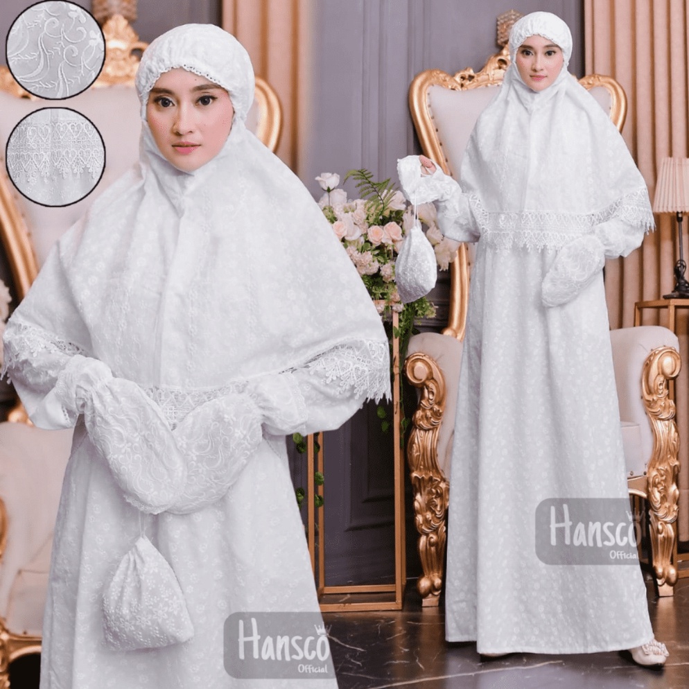 SALEE Gamis Ihram Putih Bordir Set Lengkap Wanita Muslimah Busana Haji dan Umroh Baju Ihram Wanita