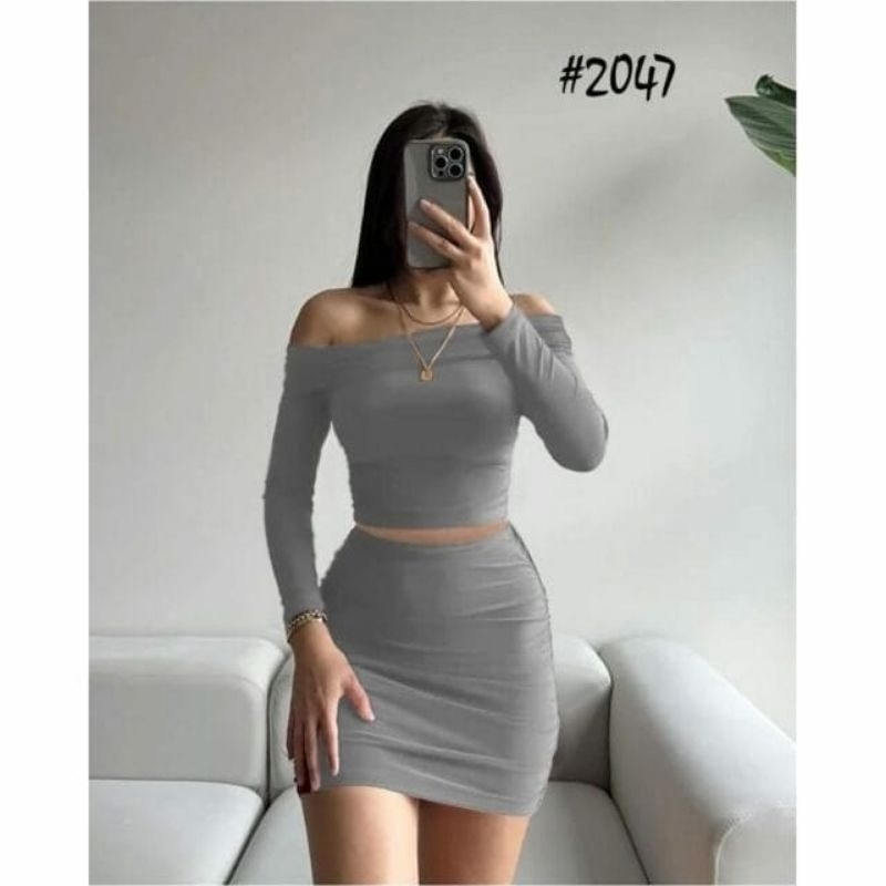 2047- SET POLOS ROK MINI + TOP SABRINA LENGAN PANJANG