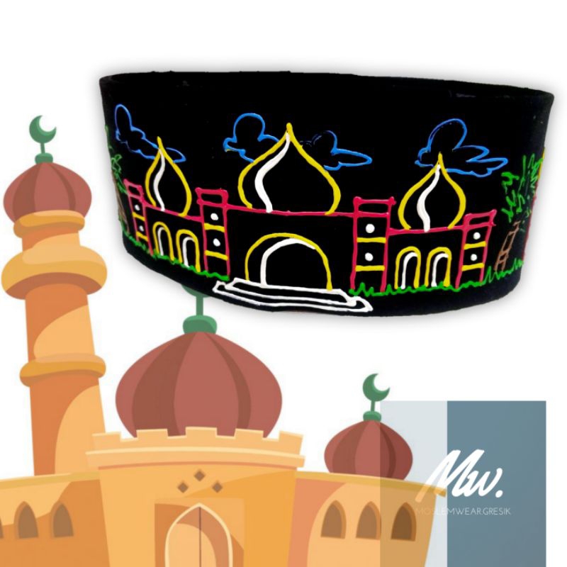 peci songkok anak motif lukis masjid gratis nama