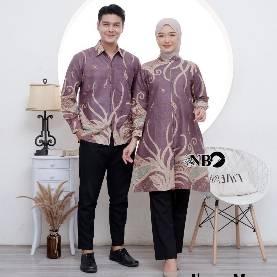 Baju Batik Couple Pasangan Tunik Terbaru  Kemeja Lengan Panjang M L XL XXL Tunic Warna Lilac Bahan K