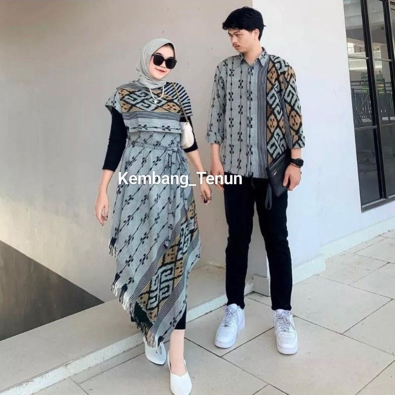 Set Couple Ivory Dres Abu baju tenun pasangan pria wanita kondangan prewedding guru kartinian baju p
