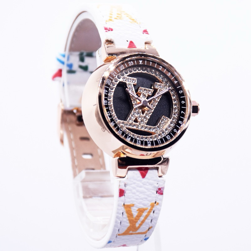 FULL SET EXCLUSIVE - Jam tangan best seller wanita LV PUTAR DIAMOND strap kulit sinteties premium