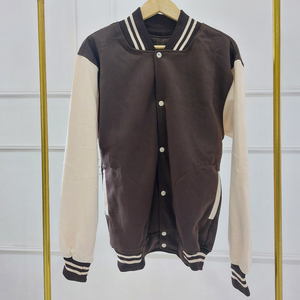 Hoodie Varsity Kancing Depan Pria Wanita Unisex | Sweater Hoodie Varsity Wanita Pria XL Coklat BD Go