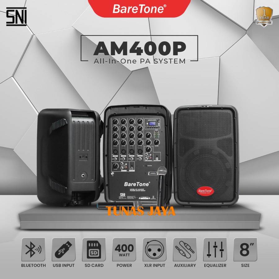 Speaker aktif Portable BareTone AM400P AM400 P  With Power Mixer 1 pasang 2 Way 10" Pasif Loudspeake