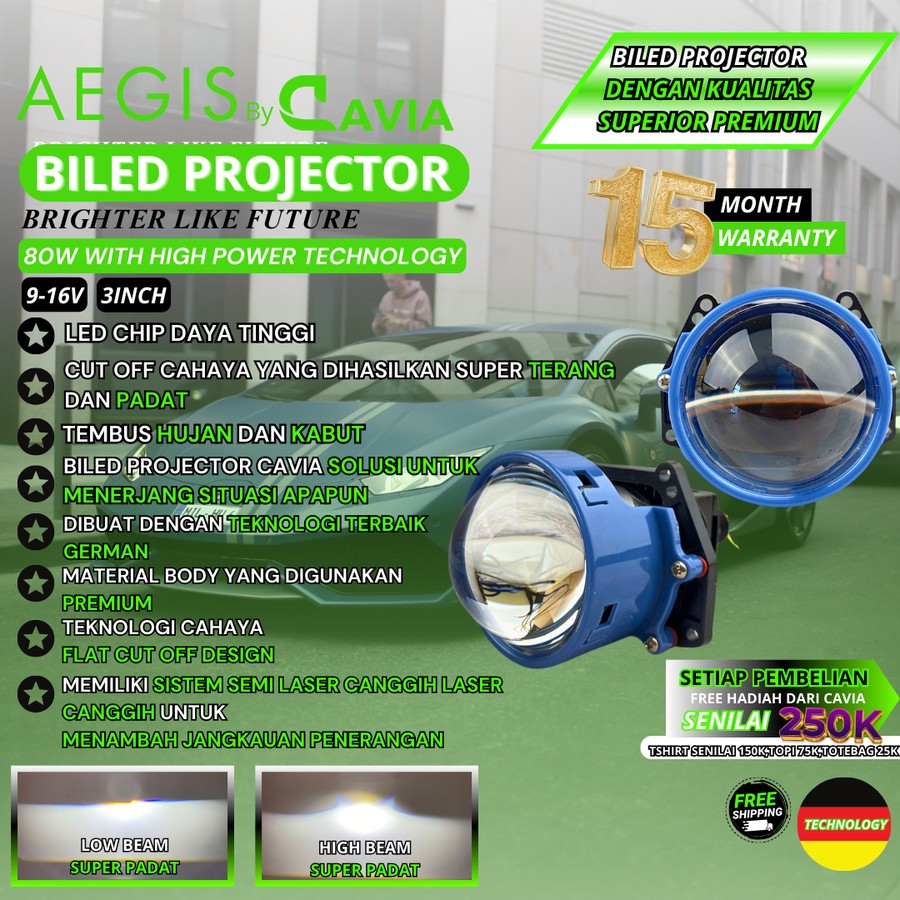 AEGIS BY CAVIA-PREMIUM LAMPU LED BILED PROJECTOR MOBIL PROJIE SEMI LASER 3 Inch SUPER TERANG LIKE PR