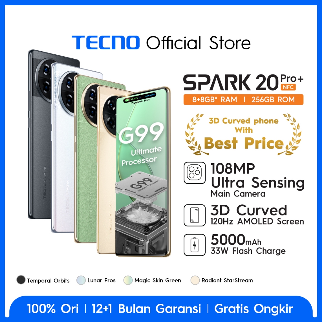 TECNO SPARK 20 Pro+ NFC – 8GB+256GB, Android 14, 3D Curved 6,78" AMOLED FHD+ 120Hz, 108MP+32MP, Heli