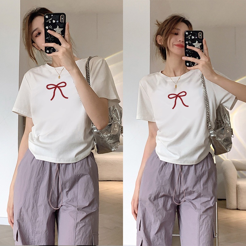 Baju atasan wanita terbaru kekinian crop top yang ketat Red bow Korean style baju lengan pendek t-sh